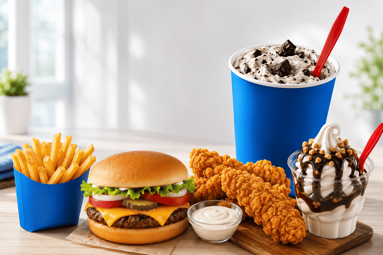 DQ menu featuring a cheeseburger, fries, crispy chicken tenders, Blizzard dessert, and sundae