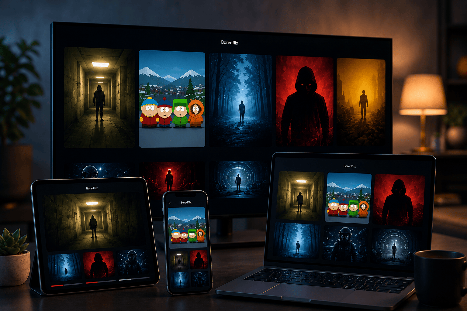 Boredflix streaming platform displayed on multiple digital devices with a modern entertainment interface